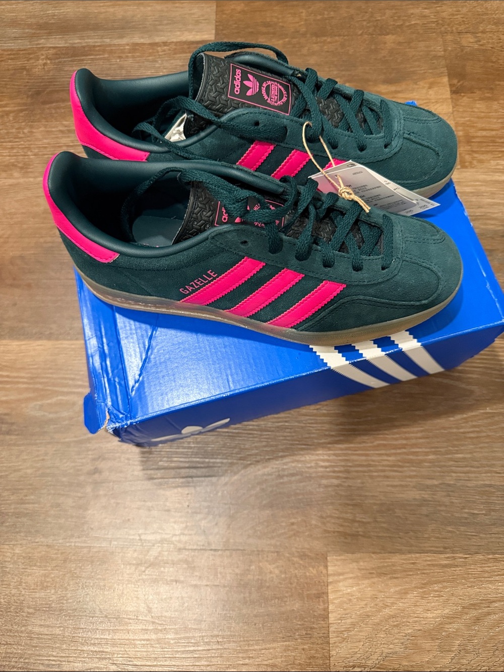 adidas Gazelle Women’s Suede Sneaker - Dark Green with Hot Pink Stripes